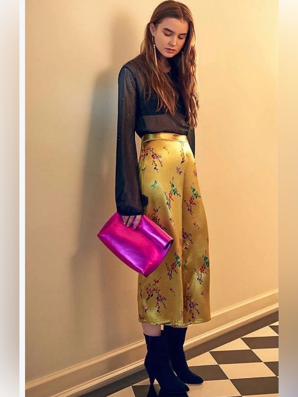 Urban Outfitters Clarissa Silky Floral Wide Leg Culotte Pants Yellow S Boho Chic